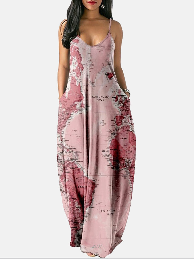 Spaghetti strap maxi dress with world map print - View 9 | Lwiis