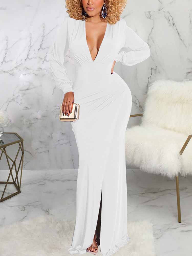 Long Sleeve V-Neck Floor Length Dress - View 9 | Lwiis