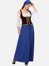 Side profile of a woman in a blue headscarf and a costume dress, with one hand on her head.