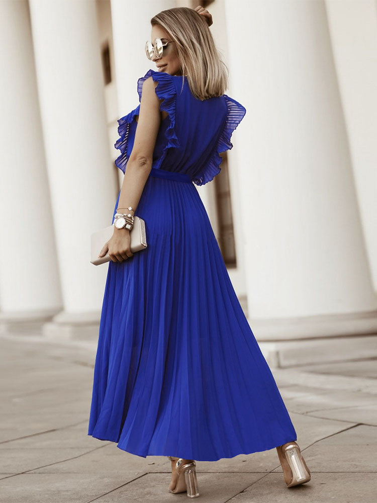 V-neck pleated maxi dress with ruffled trim and belted waist - View 14 | Lwiis