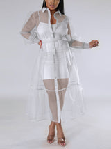 Sheer organza cover-up dress with button-down front and tiered hem - View 10 | Lwiis