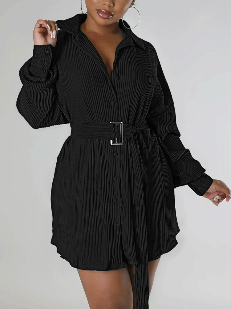 Back view of a woman in a black pleated shirt dress