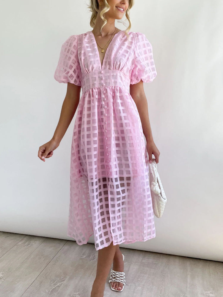 Plaid V-Neck Midi Dress - View 19 | Lwiis