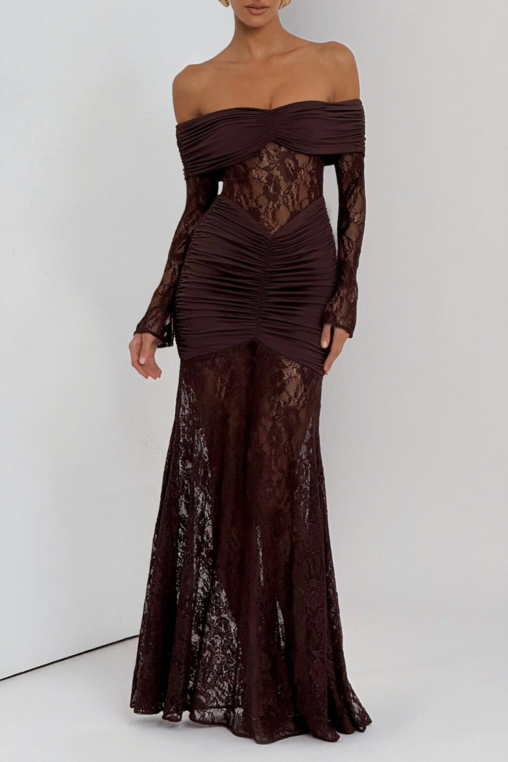 Off Shoulder Lace Patchwork Ruched Maxi Dress - View 10 | Lwiis