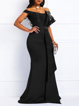 Mermaid formal maxi dress with off-the-shoulder neckline and satin fabric - View 6 | Lwiis