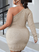 Rear view of a woman in a beige cable knit one-shoulder mini dress, showcasing the back and fit.