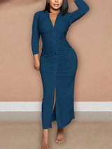 Solid Ruched Button Maxi Dress - View 8 | Lwiis