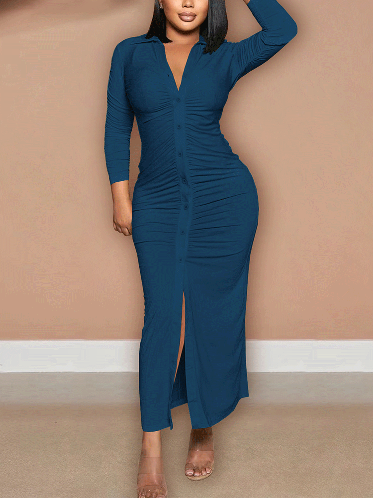 Solid Ruched Button Maxi Dress - View 8 | Lwiis