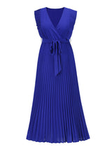 V-neck pleated maxi dress with ruffled trim and belted waist - View 15 | Lwiis