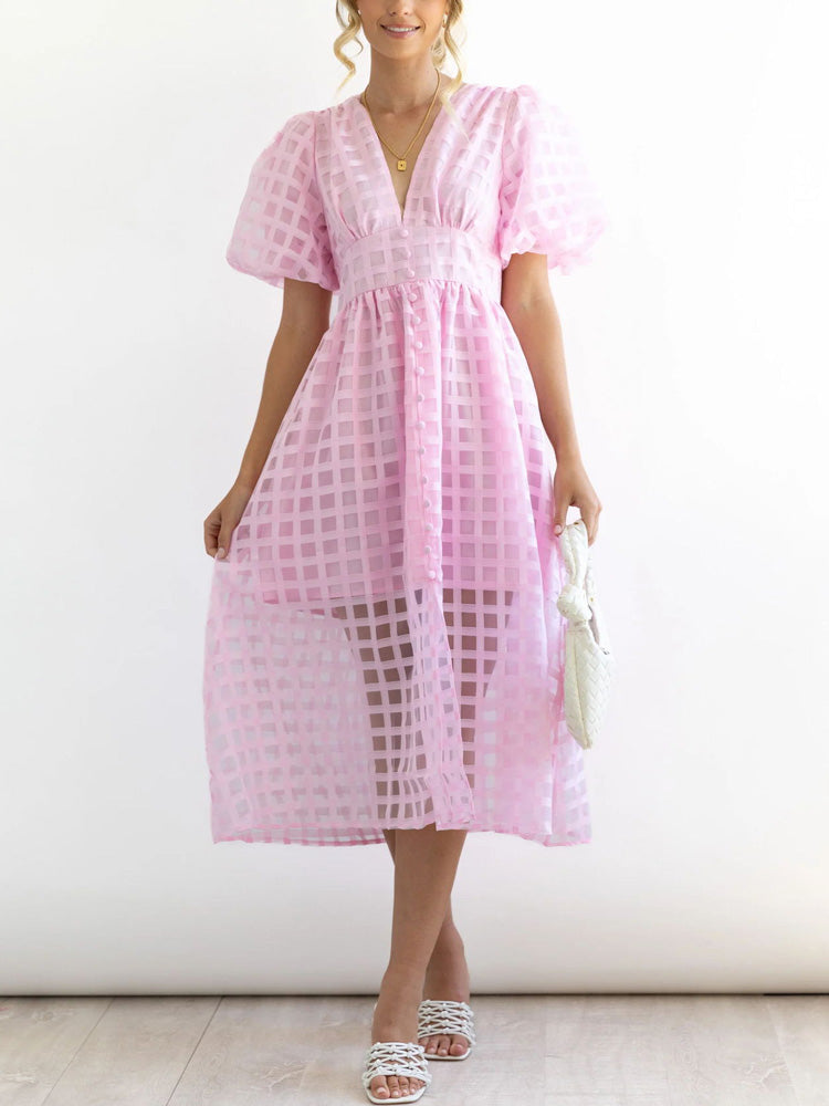 Plaid V-Neck Midi Dress - View 20 | Lwiis