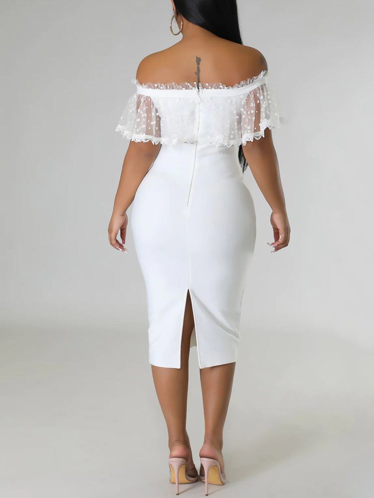 Woman in a white off-the-shoulder midi dress, back view.