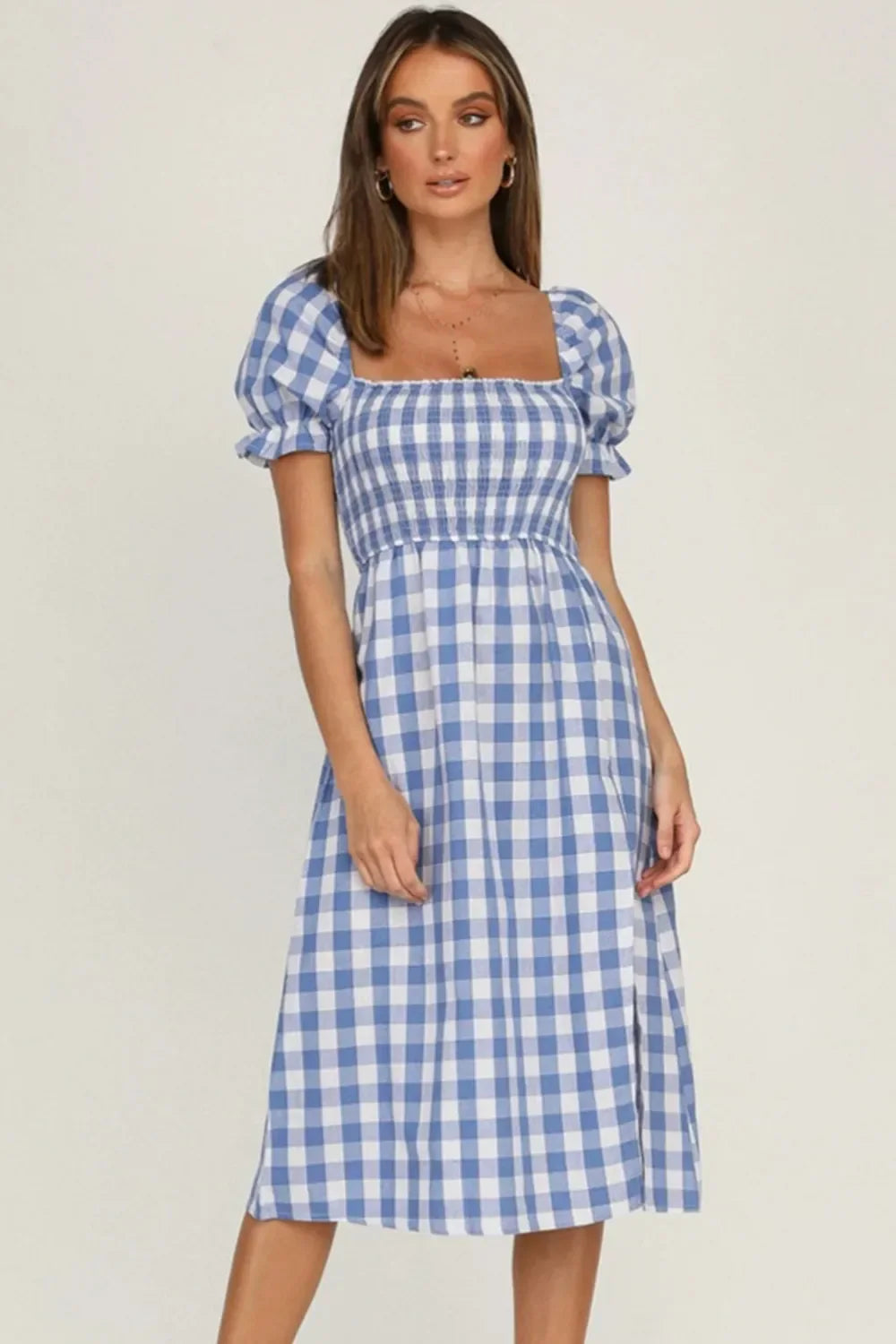 Plaid Midi Dress with Puff Sleeves - View 11 | Lwiis