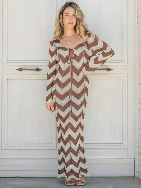 Geometric chevron knit maxi dress with long sleeves and tie neckline - View 11 | Lwiis