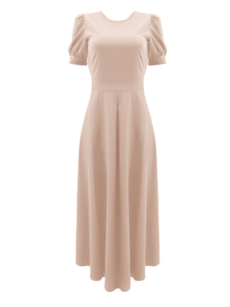 Beige A-line dress with puff sleeves and a round neckline, front view.