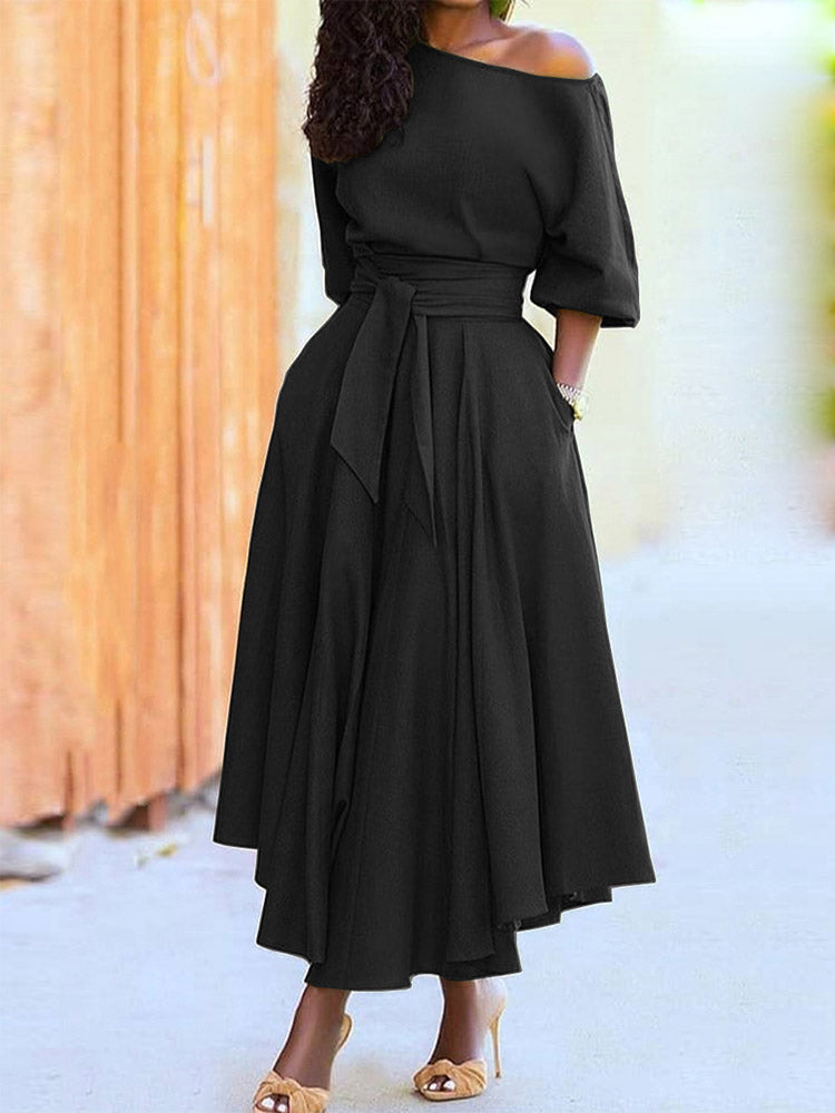 Oblique Neckline Maxi Dress with Belt - View 19 | Lwiis