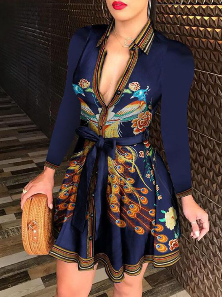 Printed V-Neck Belted Mini Dress - View 9 | Lwiis