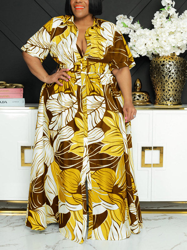 Printed V-neck maxi dress with short sleeves and a belted waist - View 6 | Lwiis