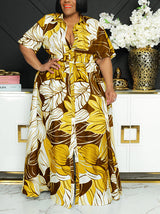Printed V-neck maxi dress with short sleeves and a belted waist - View 6 | Lwiis