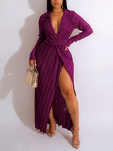Elegant V-neck maxi dress with high slit - View 9 | Lwiis