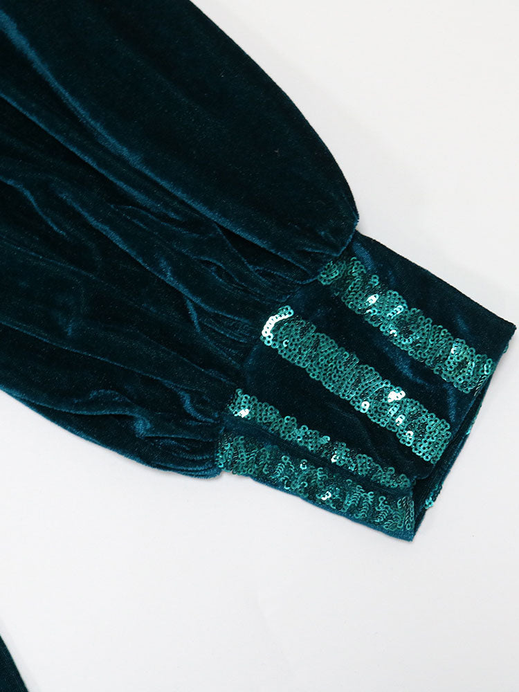 Green sequin maxi party dress with velvet bodice and bishop sleeves - View 7 | Lwiis