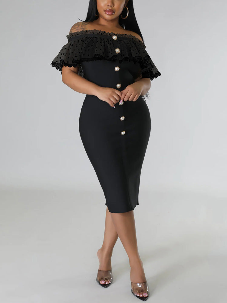 Off Shoulder Mesh Pearl Button Dress - View 13 | Lwiis
