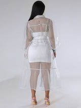 Sheer organza cover-up dress with button-down front and tiered hem - View 12 | Lwiis