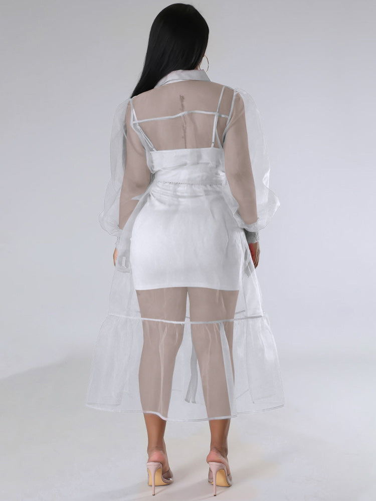Sheer organza cover-up dress with button-down front and tiered hem - View 12 | Lwiis