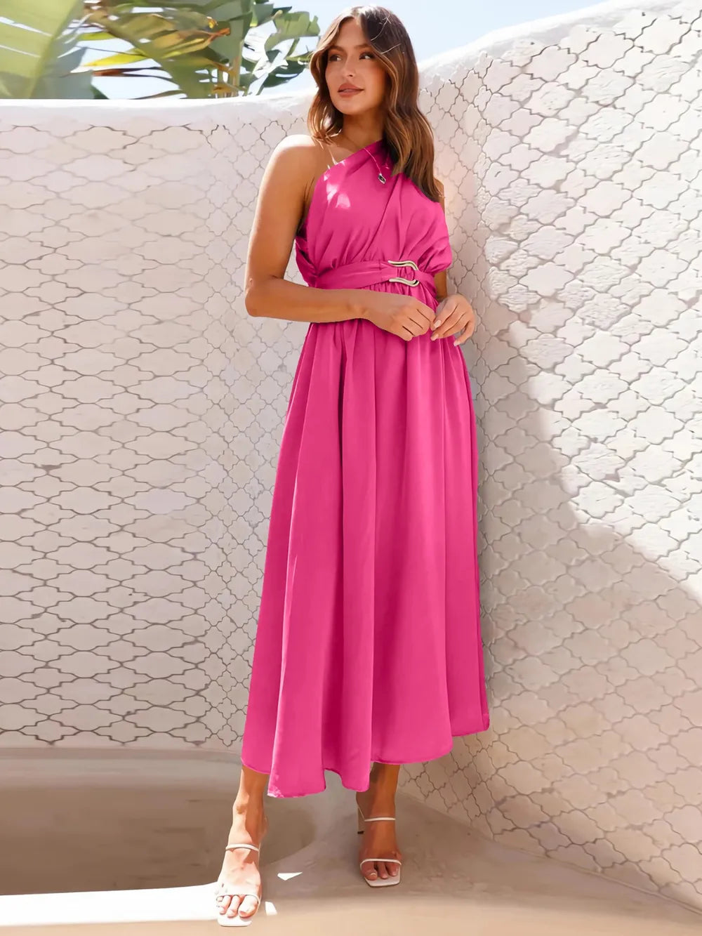 Asymmetrical neckline midi dress - View 9 | Lwiis
