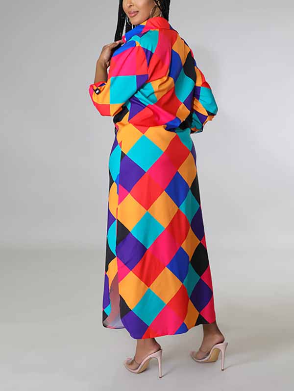 Abstract print long sleeve button down maxi dress with collared neckline and high-low hem - View 7 | Lwiis