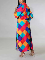 Abstract print long sleeve button down maxi dress with collared neckline and high-low hem - View 7 | Lwiis