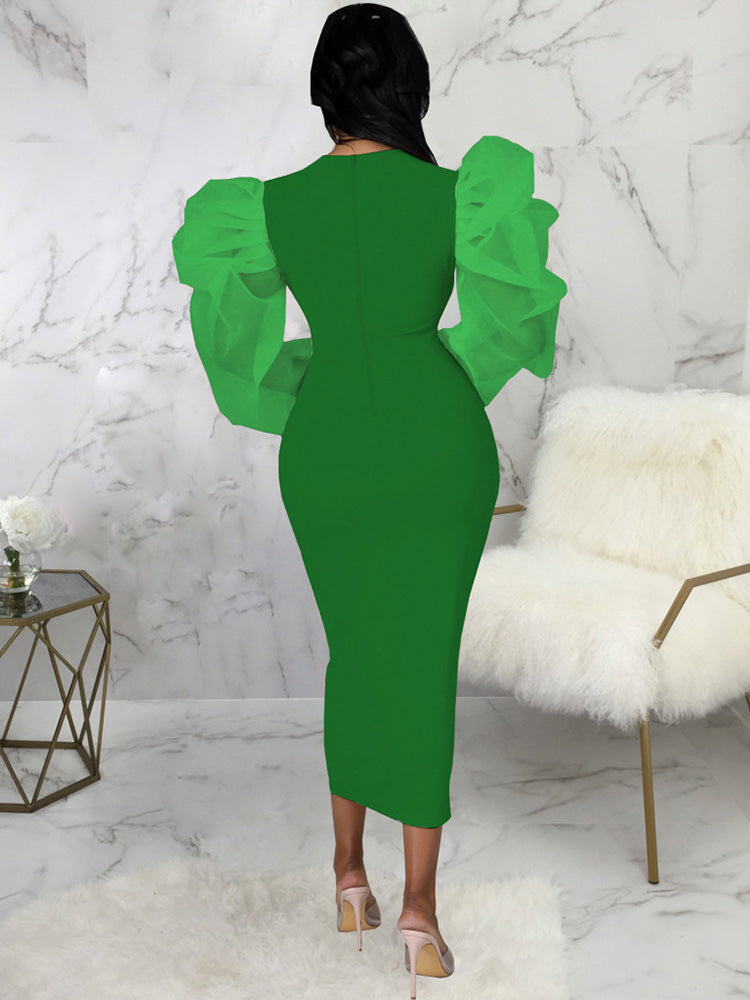 Puff Sleeve Midi Dress - View 8 | Lwiis