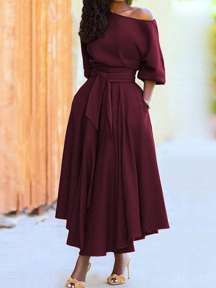 Oblique Neckline Maxi Dress with Belt - View 13 | Lwiis