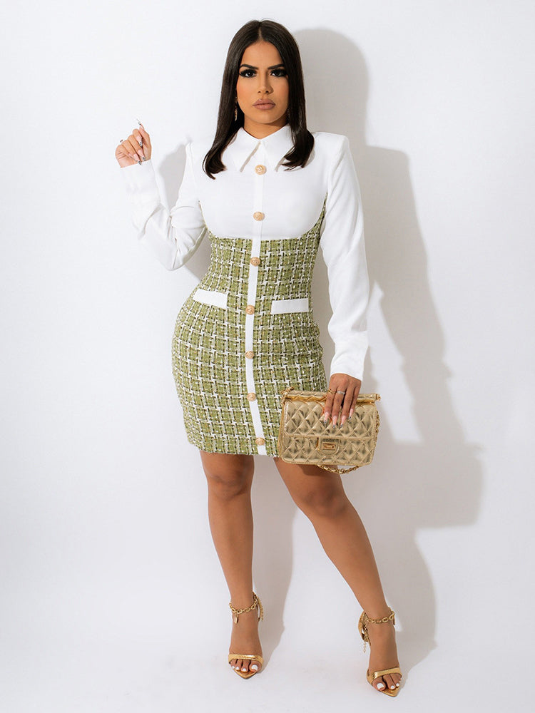 Woman in a green and white plaid tweed dress with a white collared shirt top and gold heeled sandals, holding a gold quilted handbag.