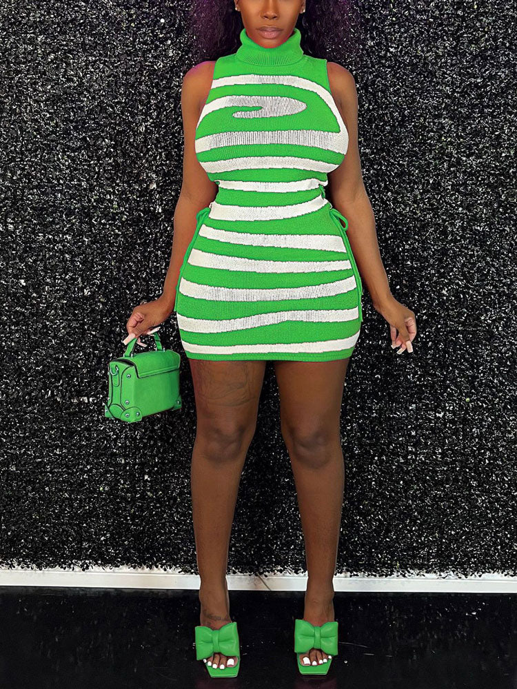 Knitted Striped Turtleneck Sleeveless Dress - View 12 | Lwiis