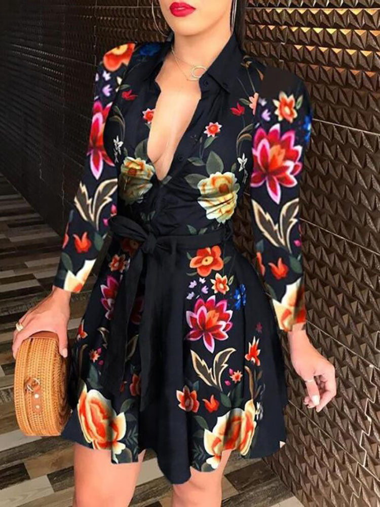 Printed V-Neck Belted Mini Dress - View 8 | Lwiis