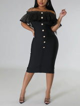 Off Shoulder Mesh Pearl Button Dress - View 12 | Lwiis
