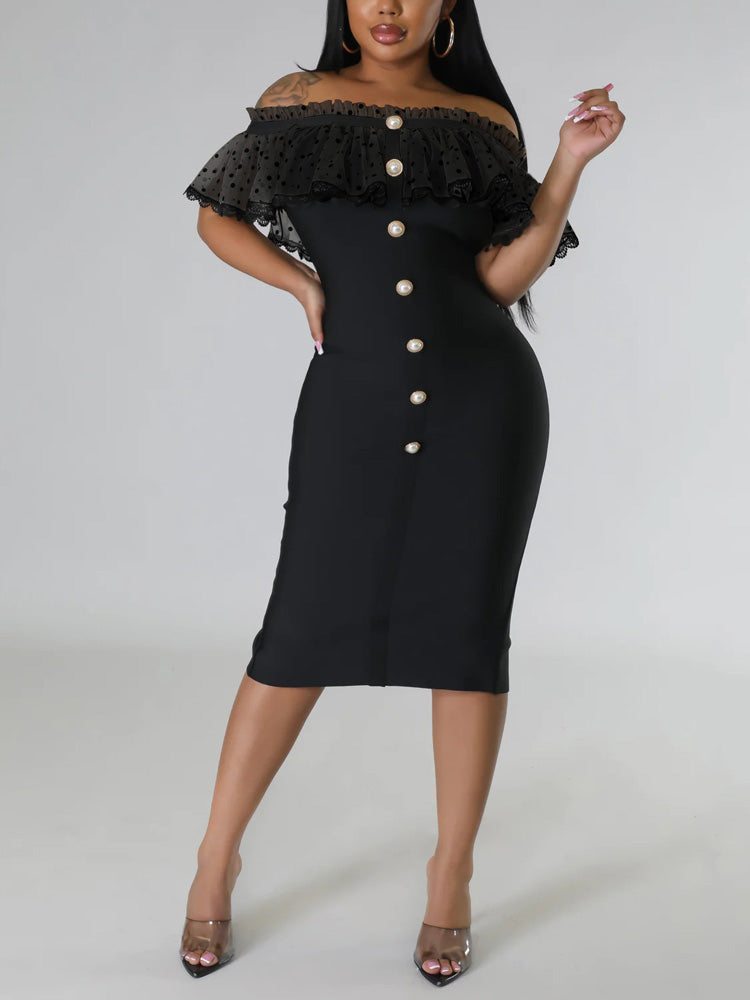 Off Shoulder Mesh Pearl Button Dress - View 12 | Lwiis