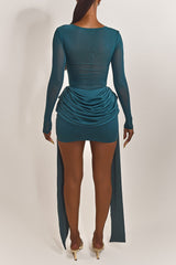 Mesh Patchwork Long Sleeve Ruched Fitted Sash Mini Dresses - Blue Pre Order