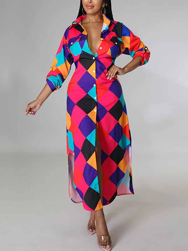 Abstract print long sleeve button down maxi dress with collared neckline and high-low hem - View 6 | Lwiis