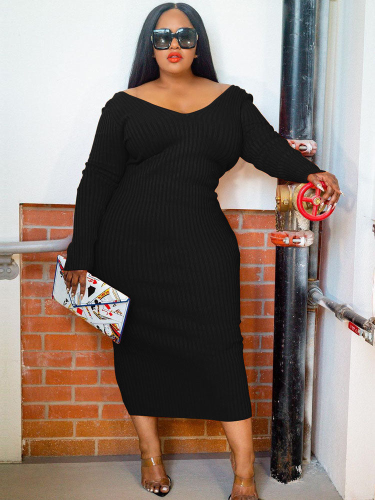 Ribbed V-Neck Long Sleeve Midi Dress - View 6 | Lwiis