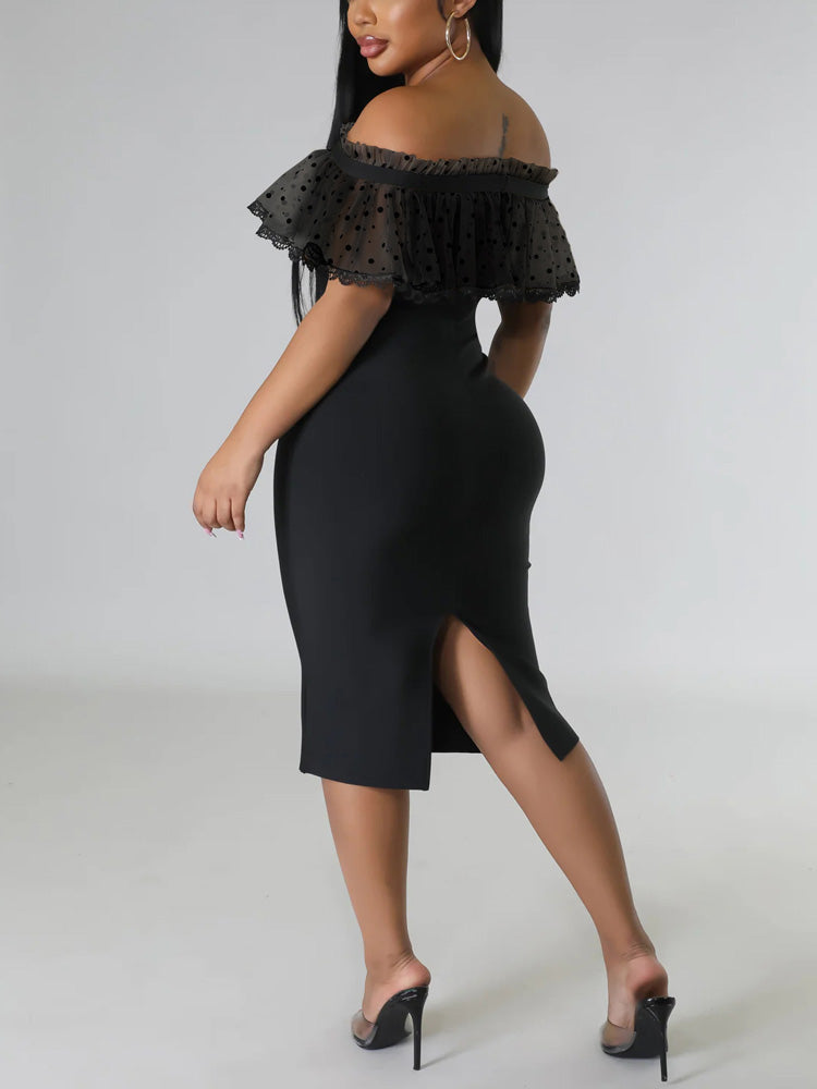 Off Shoulder Mesh Pearl Button Dress - View 14 | Lwiis