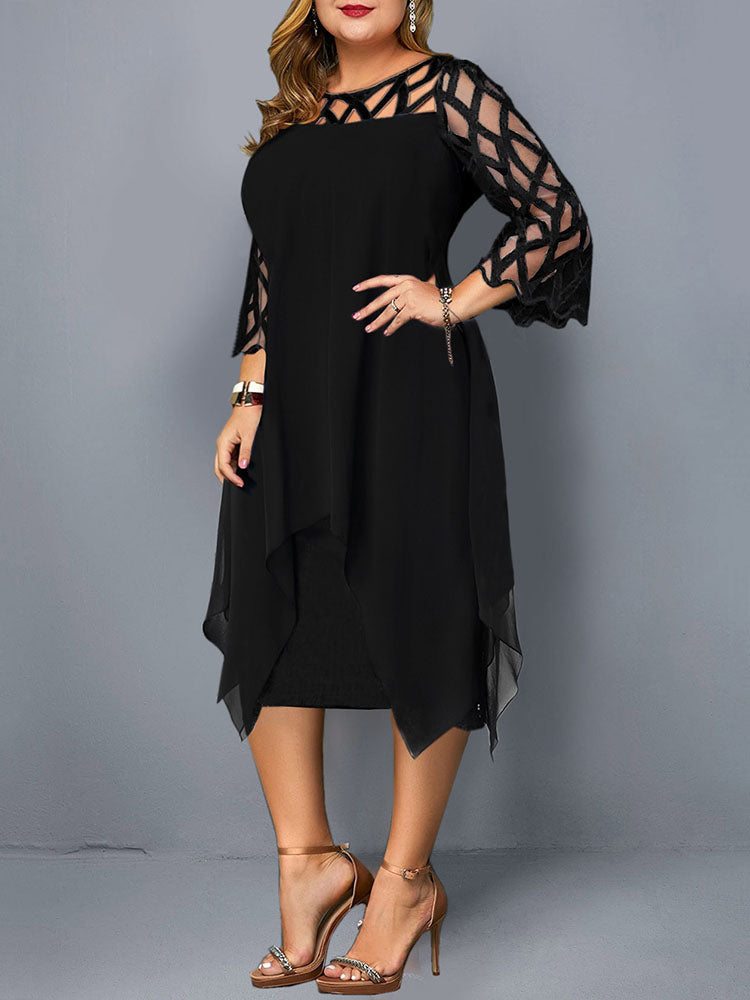 Side view of a plus-size woman wearing a black layered dress with geometric mesh sleeves and an asymmetrical hemline.
