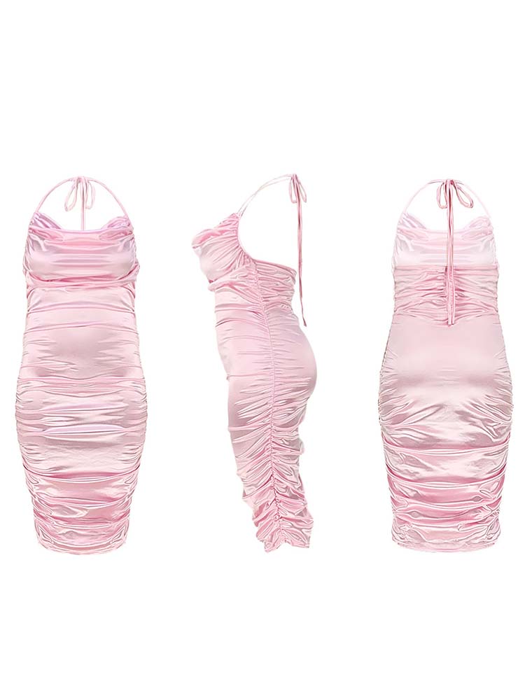 Product images of a pink satin ruched halter neck sheath dress from front, side, and back views.
