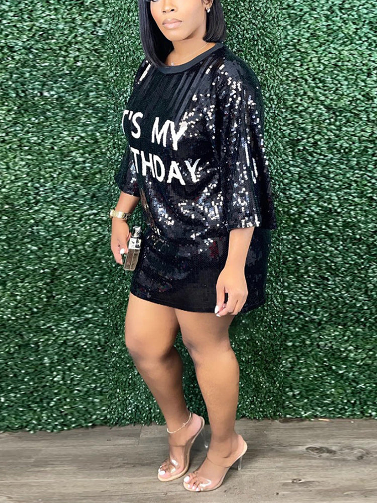 Sequin T-Shirt Dress with Geometric Print - View 23 | Lwiis
