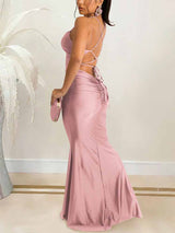 Green Spaghetti Strap Lace Up Maxi Dress - View 7 | Lwiis