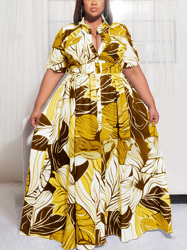 Printed V-neck maxi dress with short sleeves and a belted waist - View 9 | Lwiis