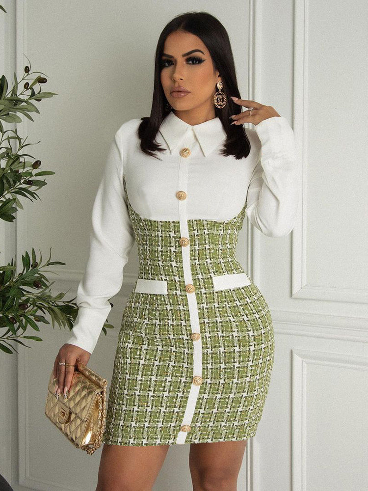 Woman wearing a green and white plaid tweed dress with a white collared shirt top, holding a gold quilted handbag.