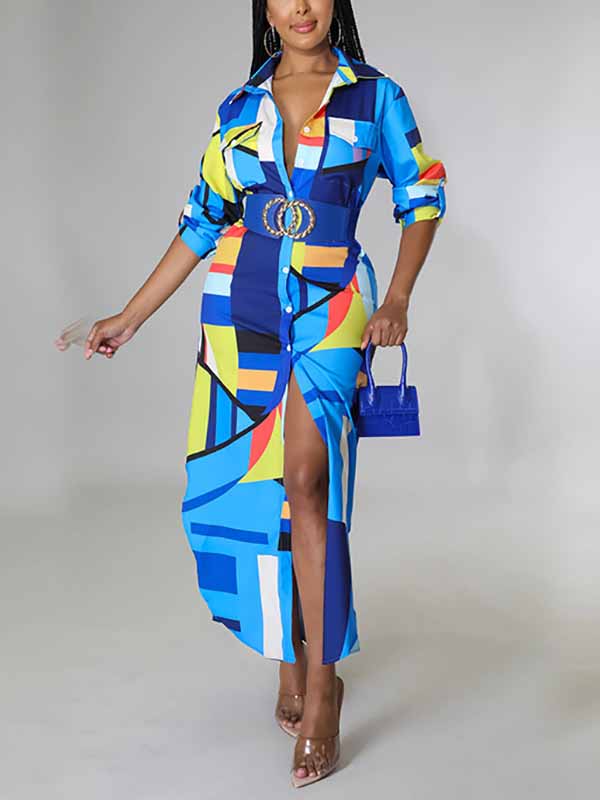Abstract print long sleeve button down maxi dress with collared neckline and high-low hem - View 8 | Lwiis
