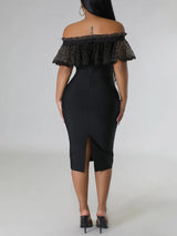 Off Shoulder Mesh Pearl Button Dress - View 15 | Lwiis