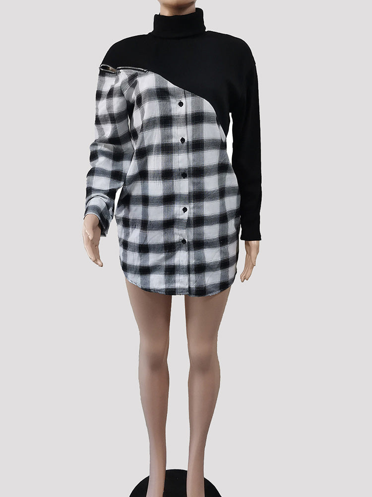 Plaid Patchwork Mini Dress with Turtleneck - View 8 | Lwiis